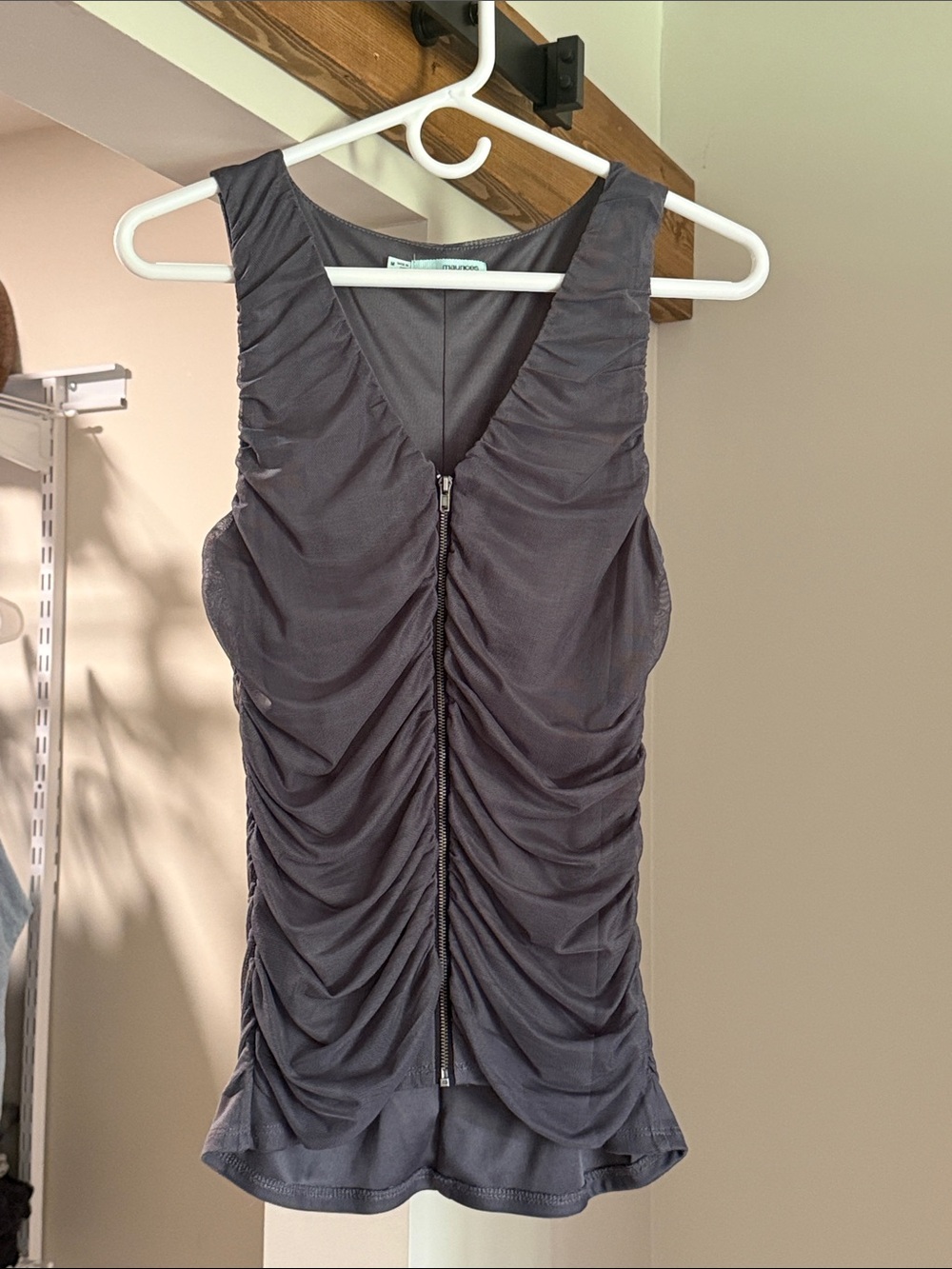 Maurice’s Ruched Zip-Front Sleeveless Tank Top in Charcoal Gray